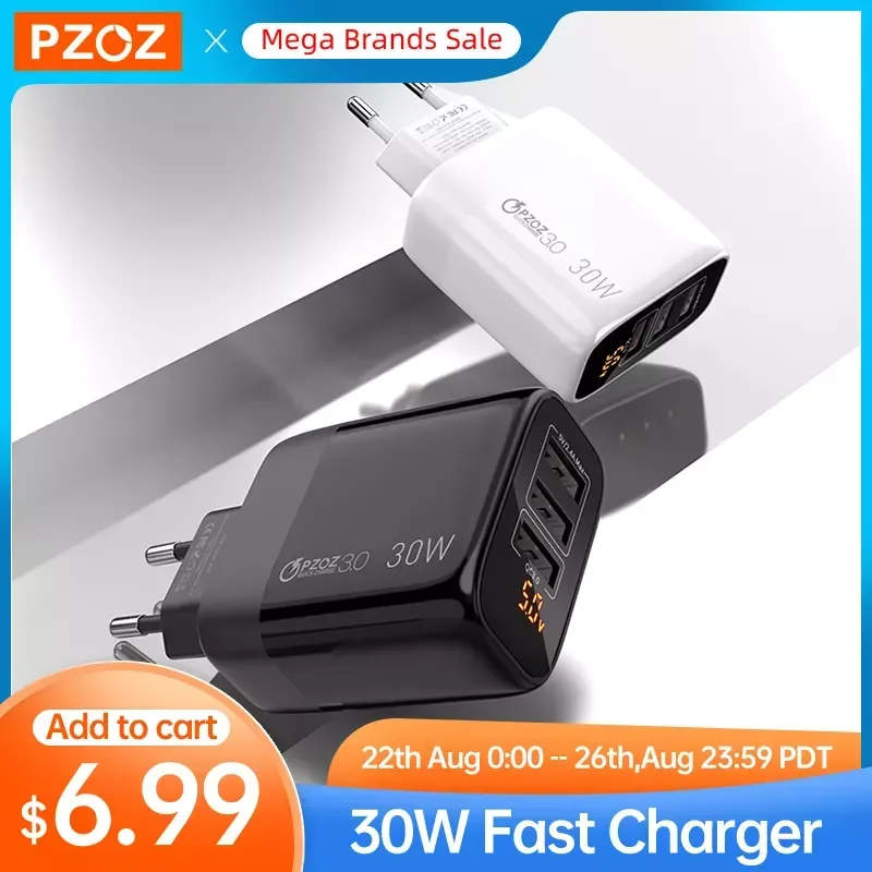 

USB Charger 30W Fast Charging PD Type C Quick Charge LED Display 13 12 Pro Max 11 8 USB C Charger