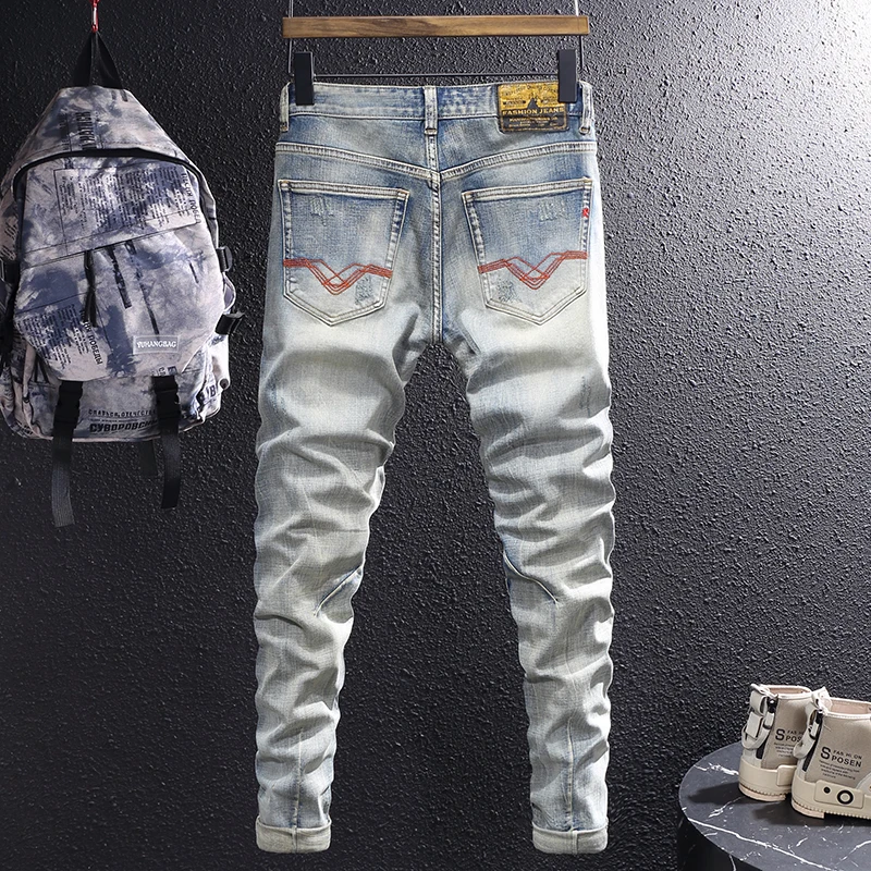 Newly Fashion Designer Men Jeans Retro Yellow Blue Elastic Stretch Slim Fit Ripped Jeans Men Patched Vintage Denim Pants Hombre
