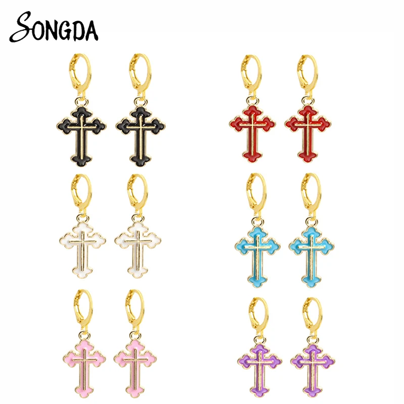 

Gold Enamel Cross Earrings for Women Girls Small Colorful Religion Huggies Drop Earrings Dangle Vintage Jewelry Wholesale Gifts