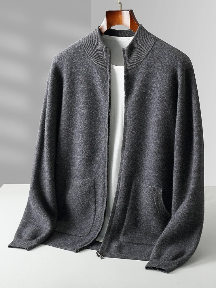 Осенне-зимний мужской кардиган на молнии трикотажный свитер из 100% мериносовой