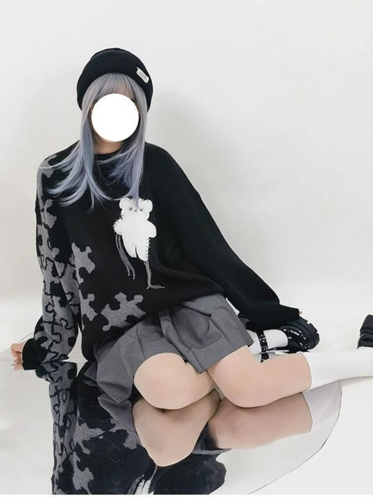

O Neck Y2k Sweater Autumn Winter Preppy Pullovers 2022 Jacquard Graphic Print Tassel Casual Loose Harajuku Streetwear Pull Femme
