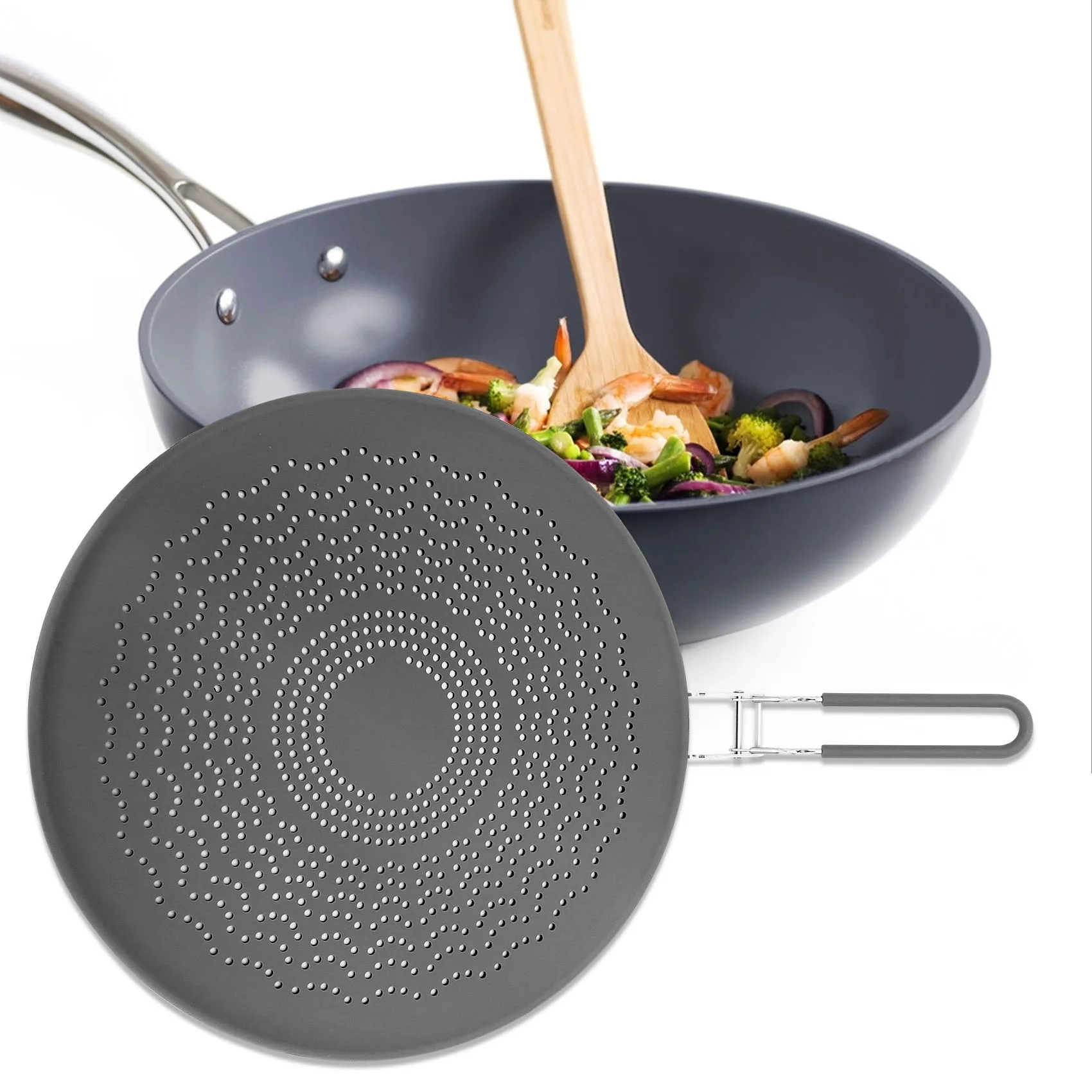 

Силиконовый экран для защиты от брызг, защита от брызг жира со складной ручкой, защита от брызг и сковородок для приготовления пищи, 13 дюймов, серый