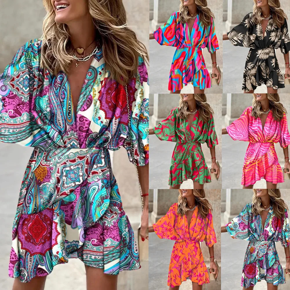 

2022 Fall Doll Sleeve V-Neck Hem Irregular Dress Women's
