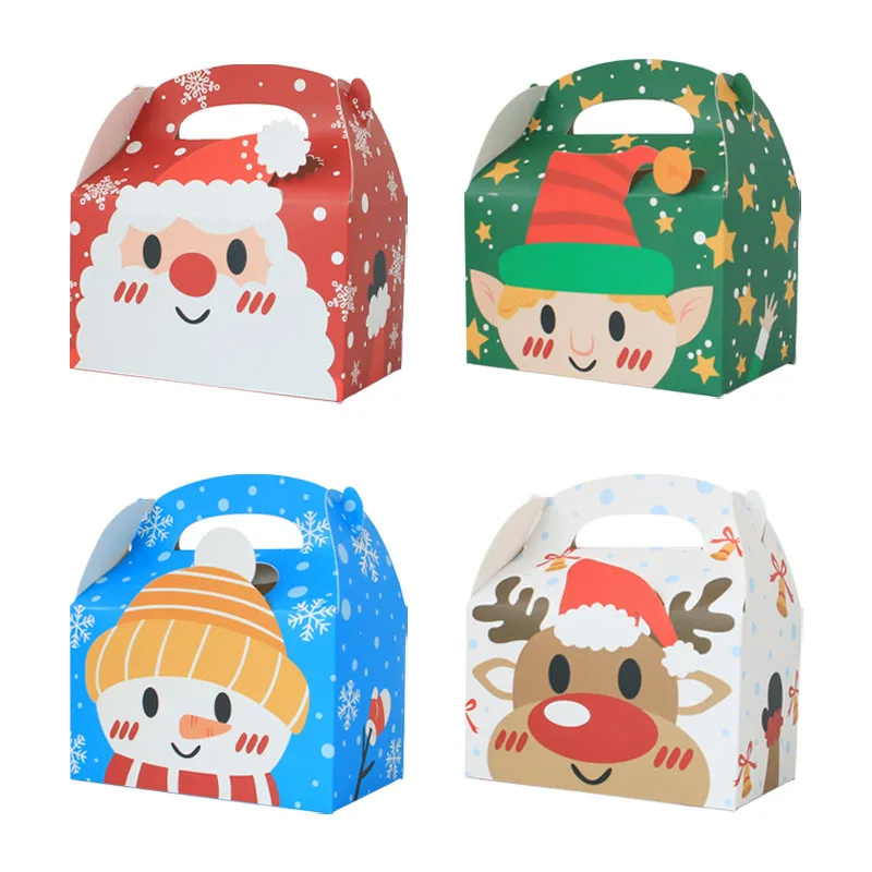 

4pcs Merry Christmas Party Gift Boxes Santa Snowman Reindeer Elf Pattern Candy Cookies Packaging Box Xmas New Year Party Gifts