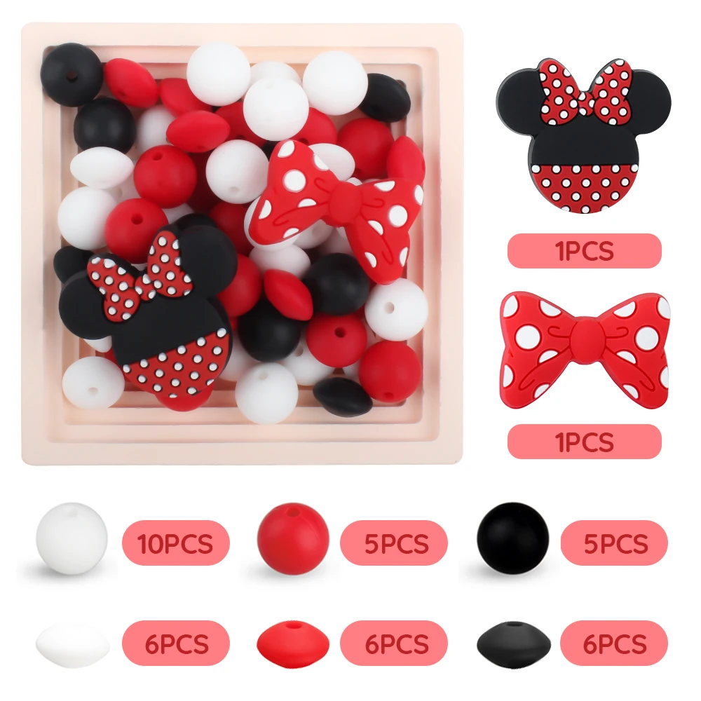 40Pcs Silicone Beads Bowknot Baby Teether Teething Toys Mouse Hexagonal Shape Beads for DIY Pacifier Chain Necklace Accessories