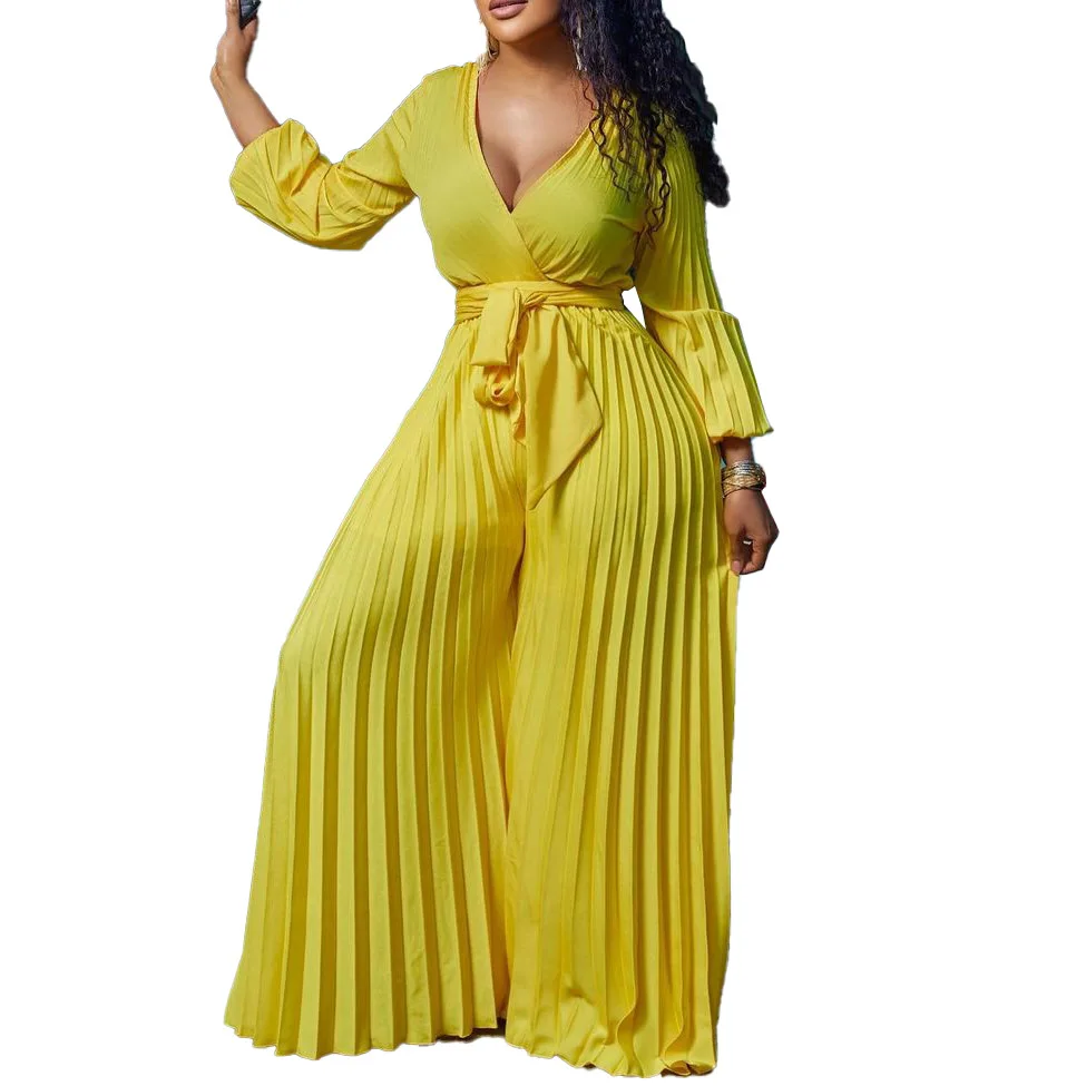 ELIJOIN Summer New V-neck Sexy Jumpsuit Strap Pleated Wide Leg Jumpsuit Loose Solid Color Jumpsuit