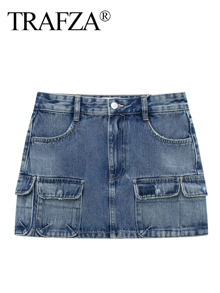 

TRAFZA Woman High Waist Short Skirts Woman Fashion 2023 Y2k Streetwear Summer Denim Mini Skirt Women Jeans Skirt With Pockets