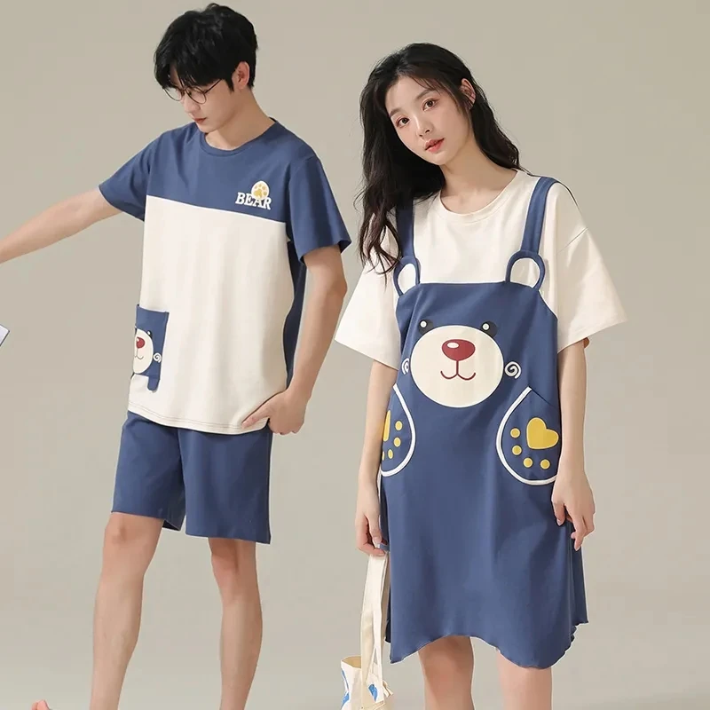 Matching Couple Pajamas Set Summer Cotton Homewear For Men Pyjama Kawaii Anime Panda Bear Home Clothes Lover Sleep Suit Nightgow