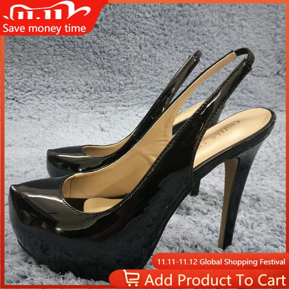 

Women Stiletto Thin High Heel Sandals Sexy Slingback Round Toe Platform Black Patent Dress Party Bridals Ball Lady Shoes 3463b-c