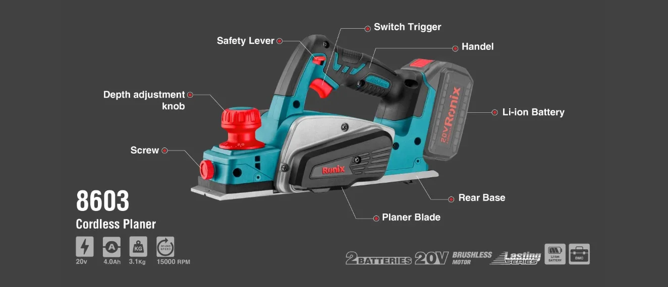 Бесщеточный двигатель Ronix 8603 электрического ручного планировщика обеспечивает
