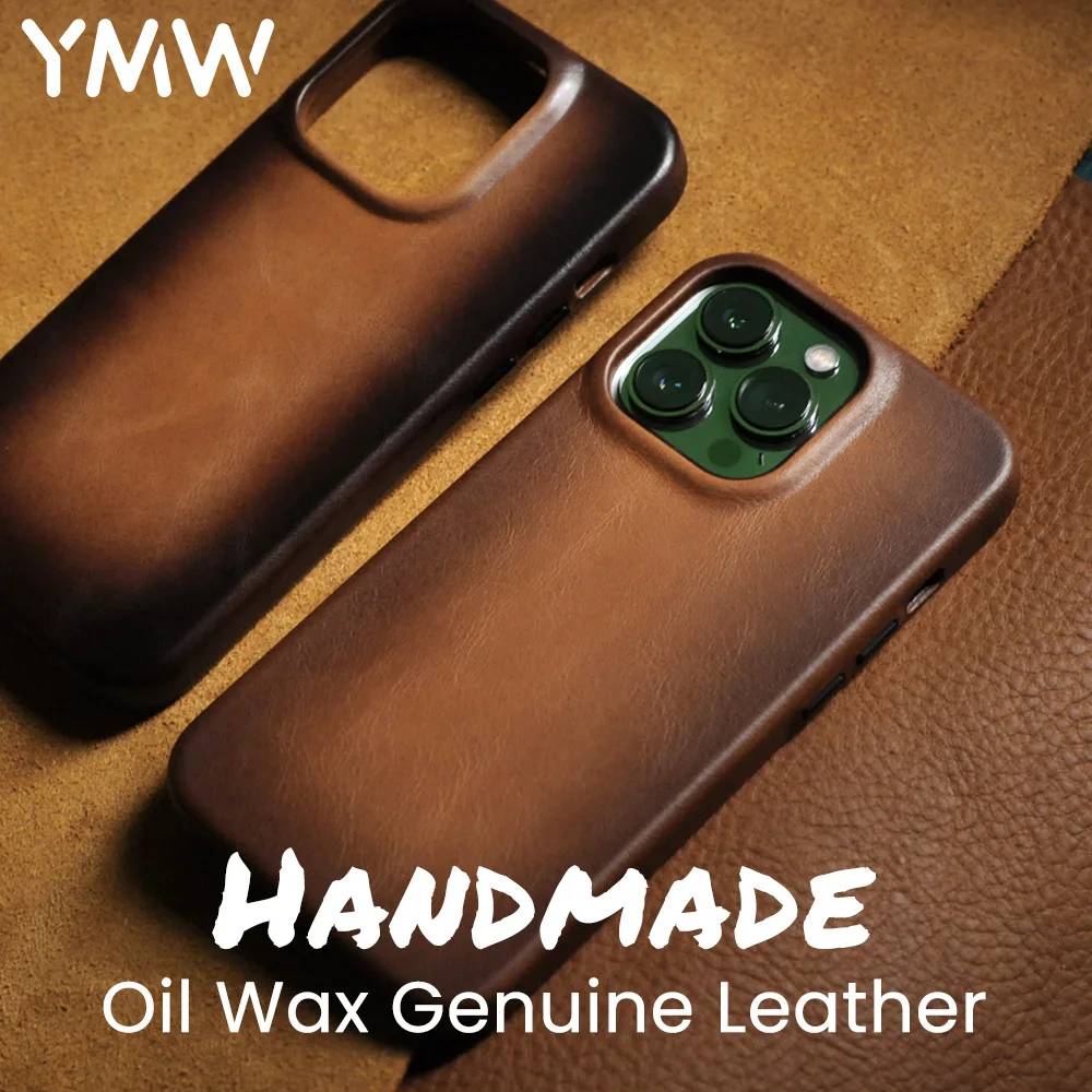 YMW Handmade Case for iPhone 13 14 Pro Max Plus Magnetic Oil Wax Genuine Leather Luxury Business Retro Pull-up Cow Phone Cover