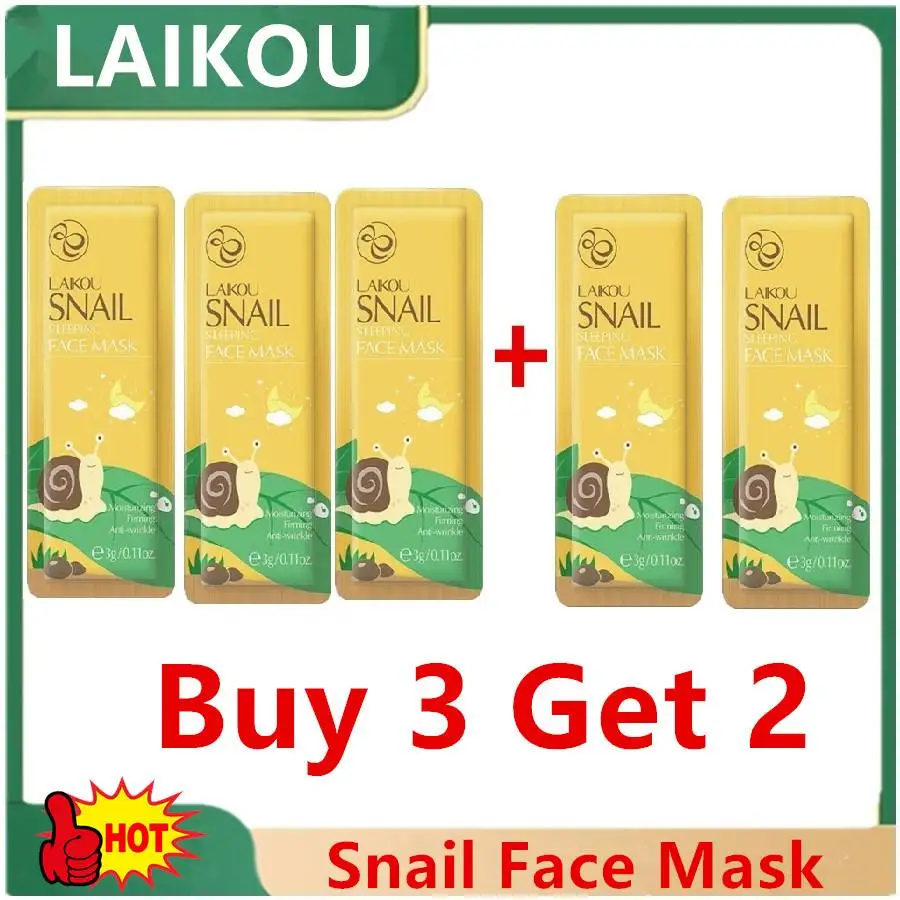

5pcs LAIKOU Snail Face Mask Sleeping Facial Mask Moisturizing No Washing Beauty Face Care Portable Travel Home Anti Wrinkle