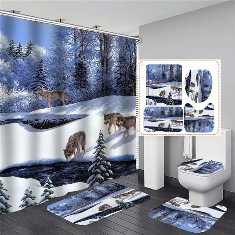 

Набор занавесок для душа с изображением волка и ковриком для ванной, нескользящий коврик для ванной с изображением волка, домашний декор, коврики для прихожей