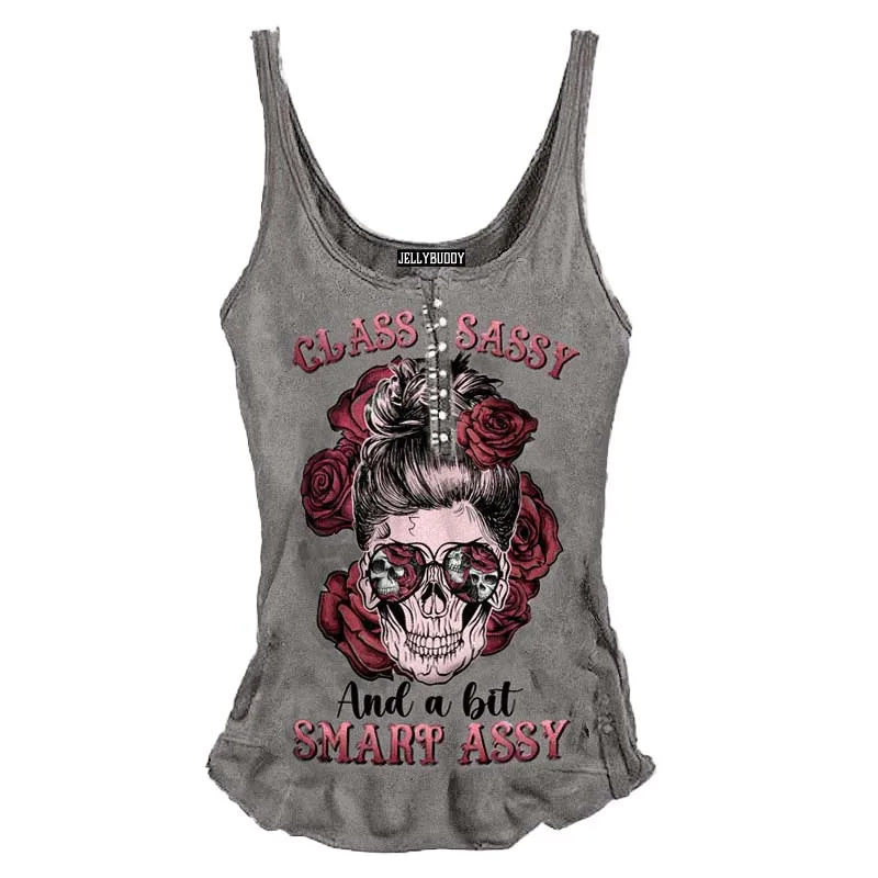 

Women's Vintage Rose Skull Graphic Print Tank Top Bandage Sexy Slim Sleeveless Casual Gothic Punk Ruffle Hem Top for Summer