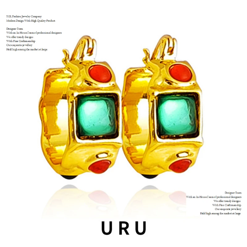 

Modern Jewelry For Women Red Green Resin Earrings Pretty Design High Quality Copper Metal Hoop Earrings For Women Girl Gift
