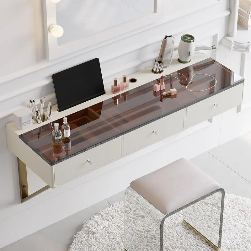 

Modern Floating Makeup Vanity Tempered Glass Top Wall Mounted Beauty Station