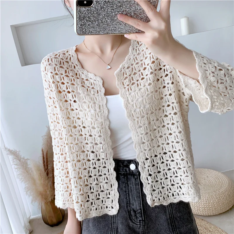 Spring And Summer New Thin Section Transparent Loose Three-Quarter Sleeve Sunscreen Cardigan Gentle Hollow Sweater