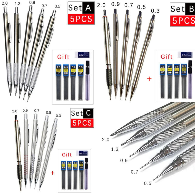 

Mechanical Art Eraser Pencil Pencil Free And Suppliies Leads Automatic 0.3/0.5/0.7/0.9/1.3/2.0mm Design Drawing Metal 5pcs Set