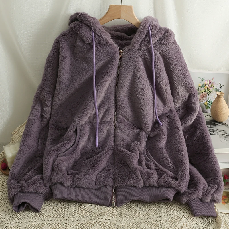 Korean Fashion Loose Faux Fur Woman Drawstring Hooded Plush Winter Coat Female Zipper Long Sleeve Solid Color Top Dropshipping