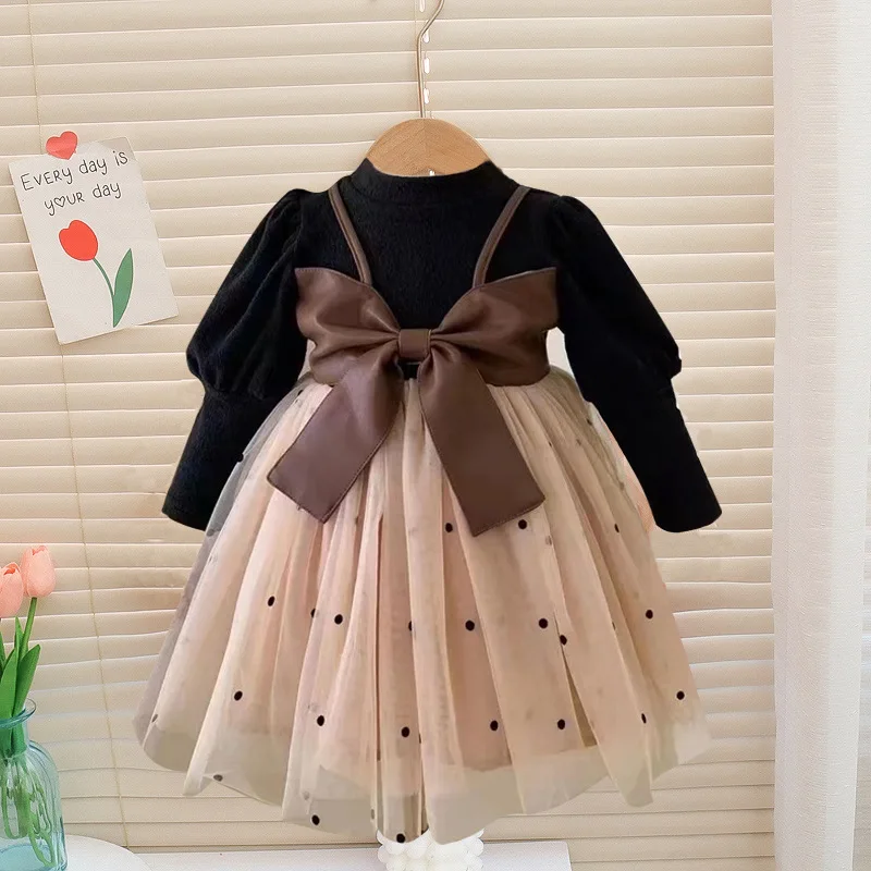 

Spring Autumn New Dress Sweet Tulle Children's Gauze Lace Princess Long Sleeves Baby Girls Bow Casual Clothing 0-3 Years Old
