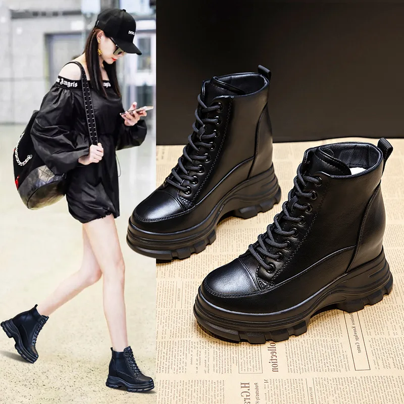 

Winter Women Leather Warm Thick-soled Inner Increase Boots Women's Cotton ShoesLow-top Snow Boots Casual Leather Boots