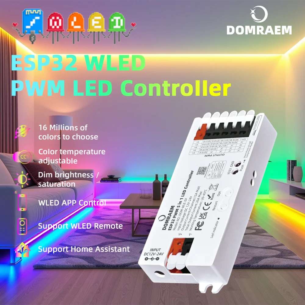 Фото Контроллер DOMRAEM WLED ESP32 PWM для аналоговой светодиодной ленты, 5-в-1 для 2/3/4/5/6 проводов, белый CCT RGB RGBWCCT, Alexa Google Home HA №1