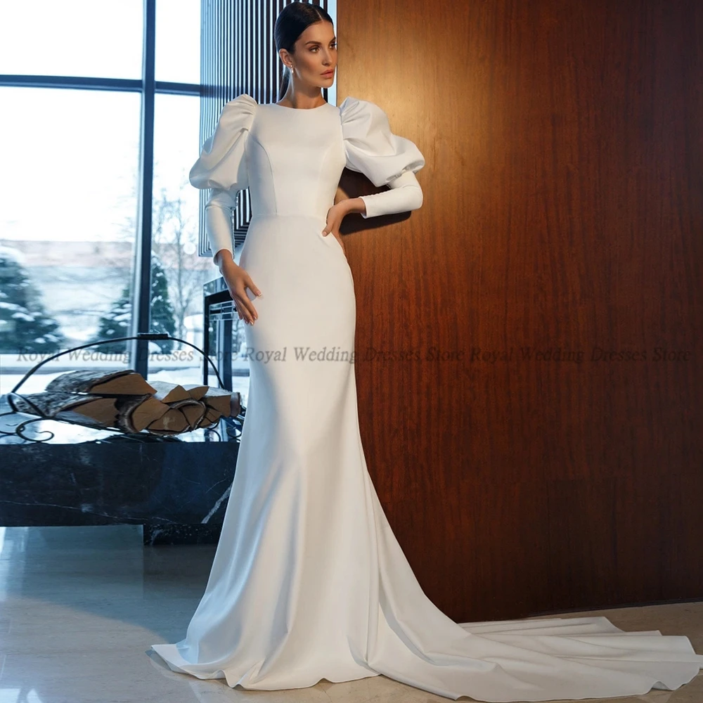 

High Quality Mermaid Wedding Dresses Puff Sleeve O Neck Monarch Vertically Open Back 2022 Floor Length Gowns Robe De Ma