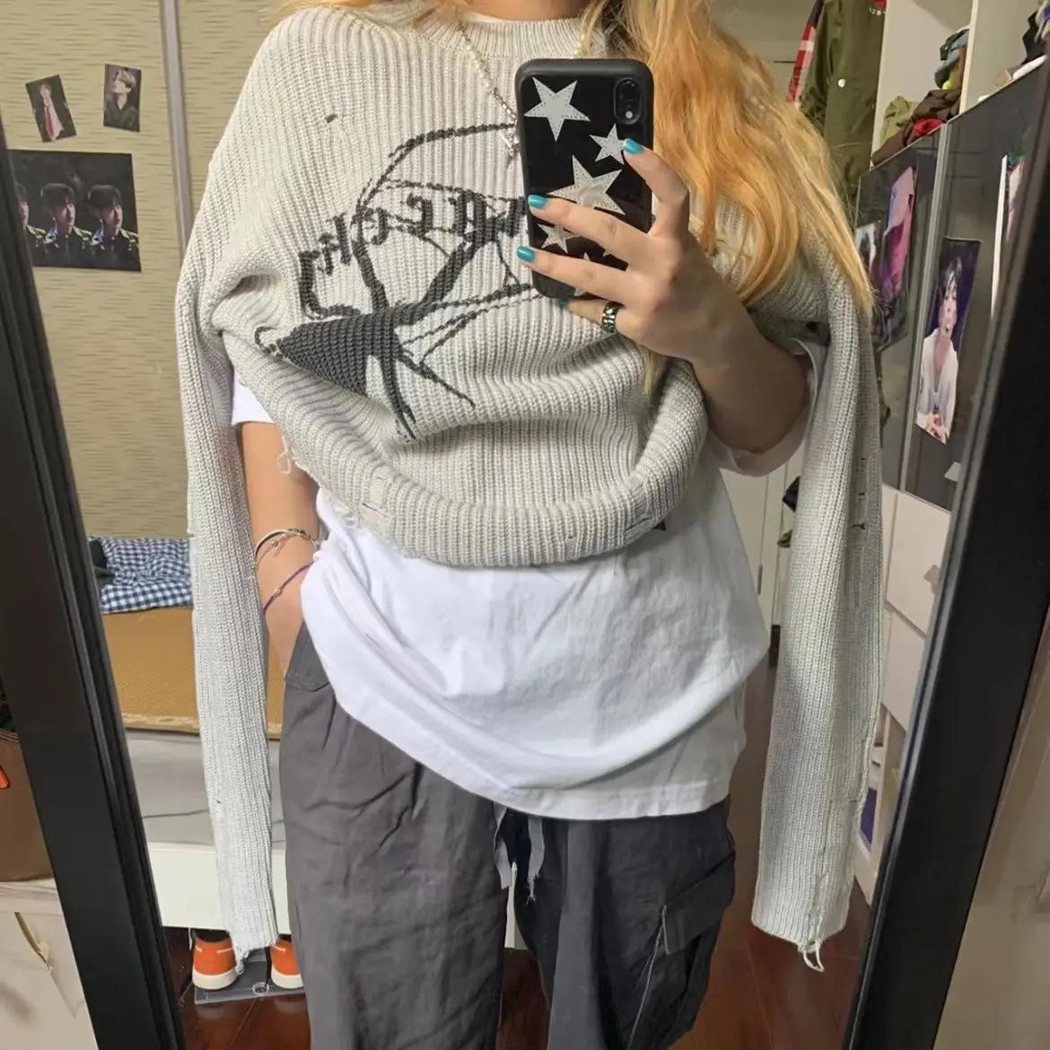 Винтажные Топы гранж Y2k с принтом паука в стиле Харадзюку тонкий свитер женский