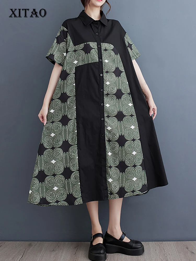 

XITAO Patchwork Print Turn-down Collar Shirt Dress Loose Single Berasted Short Sleeve Show Thin 2023 Summer New Arrival HQQ1276