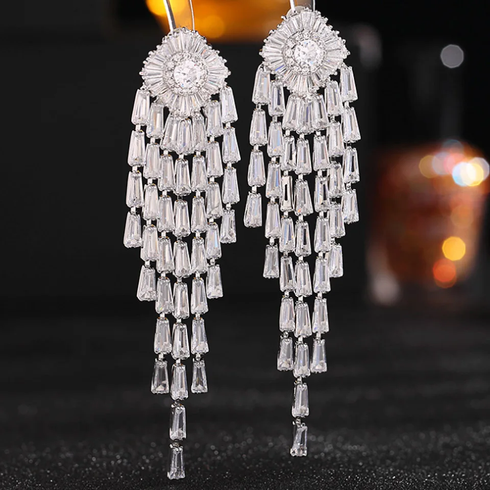 

Zlxgirl Jewelry Brand Dubai Gold Silver Cubic Zircon Stud Earrings For Women Trendy Wedding Long Ears Brinco Couple Gift
