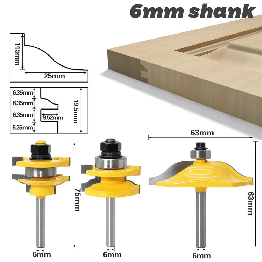 

3PC/Set 6MM Shank Milling Cutter Wood Carving Rail & Stile Router Bits-Matched Standard Ogee Door Knife Woodworking Tenon Cutter