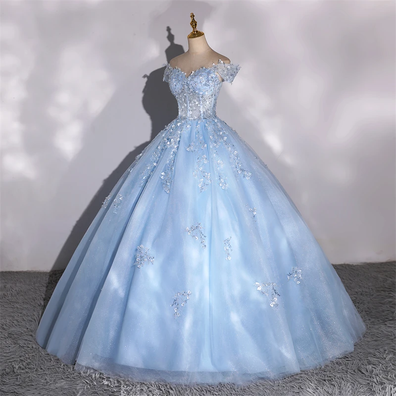 Фото Блестящие вечерние платья 15, платья Quinceanera, бальное платье, элегантное платье с открытыми плечами для 15-летнего возраста, платье для выпускного вечера по индивидуальному заказу №4