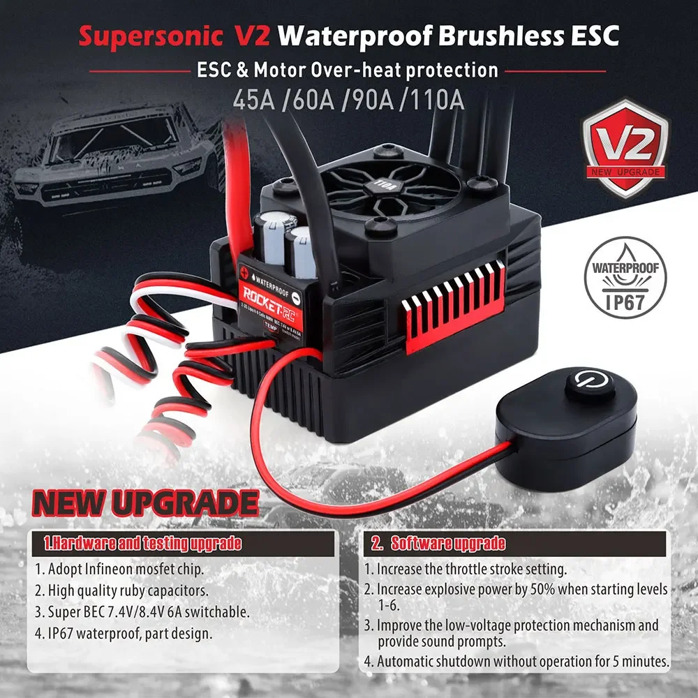 Фото Бесщеточный двигатель UniFlyROCKET RC Supersonic V2 3650 3660 3665 3670 3674 с датчиком температуры и комбо-контроллером ESC 60A/90A/110A для радиоуправляемых моделей 1/8 и 1/10 №5