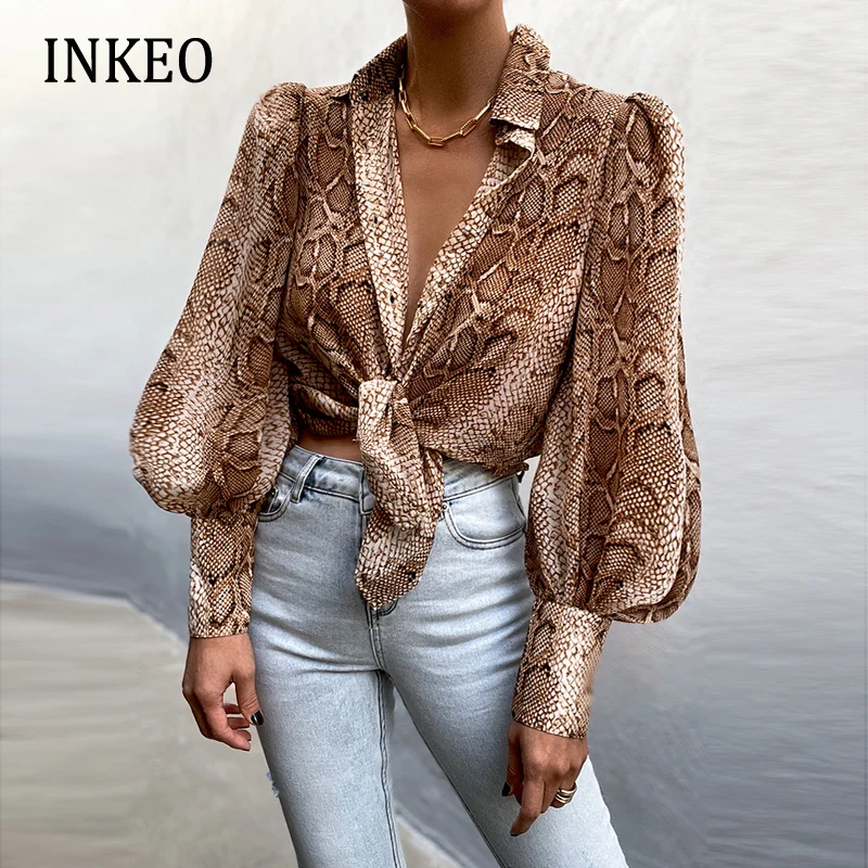 

Блузка женская шифоновая с принтом животных, пикантный клубный топ с рукавами-фонариками, на пуговицах, на шнуровке, свободная рубашка, INKEO ...