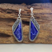 vintage triangle lapis lazuli fancy dangle drop earrings jewelry for women ethnic silver carving leaf statement earrings