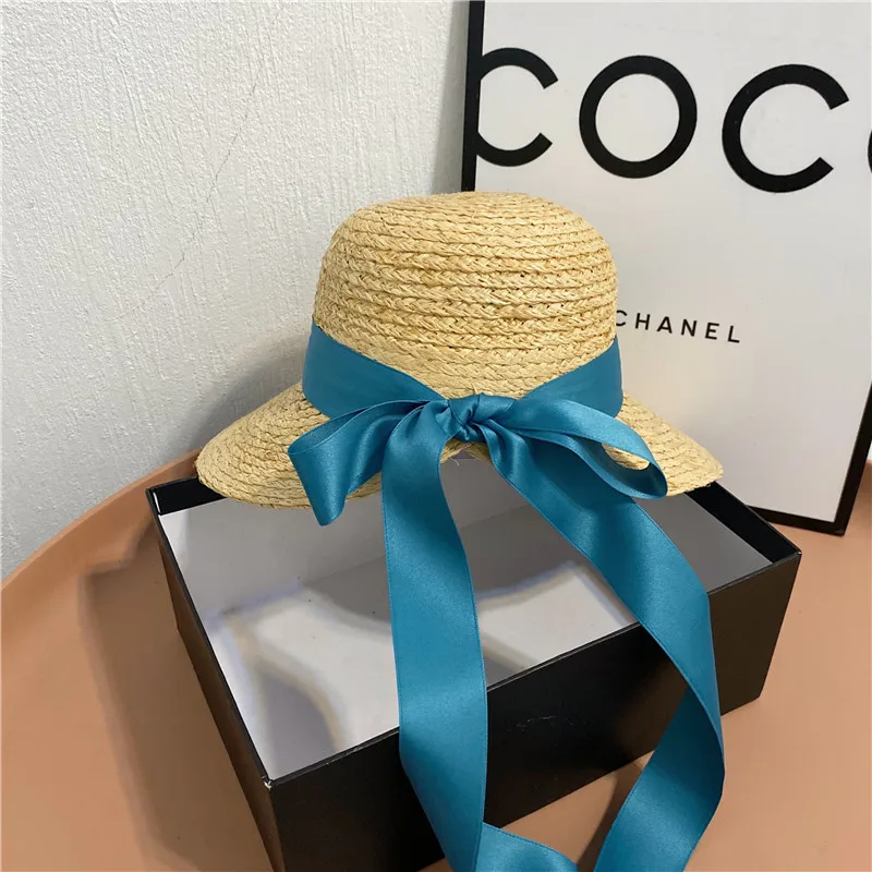 

Long Ribbon Bowknot Lafite Straw Hat Female Summer Elegant Sunshade Hat The Seaside Holiday Long Eaves Equestrian Caps Fashion E