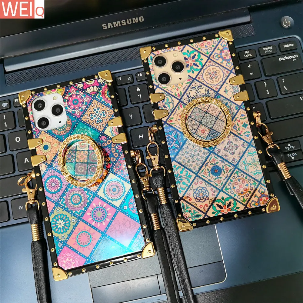 

Luxury Vintage Flower Case For iPhone 13 PRO Max XS X XR Square Plaid Cover Lanyard Case for iphone 14 12 PRO 11 6S 7 8 14 Plus