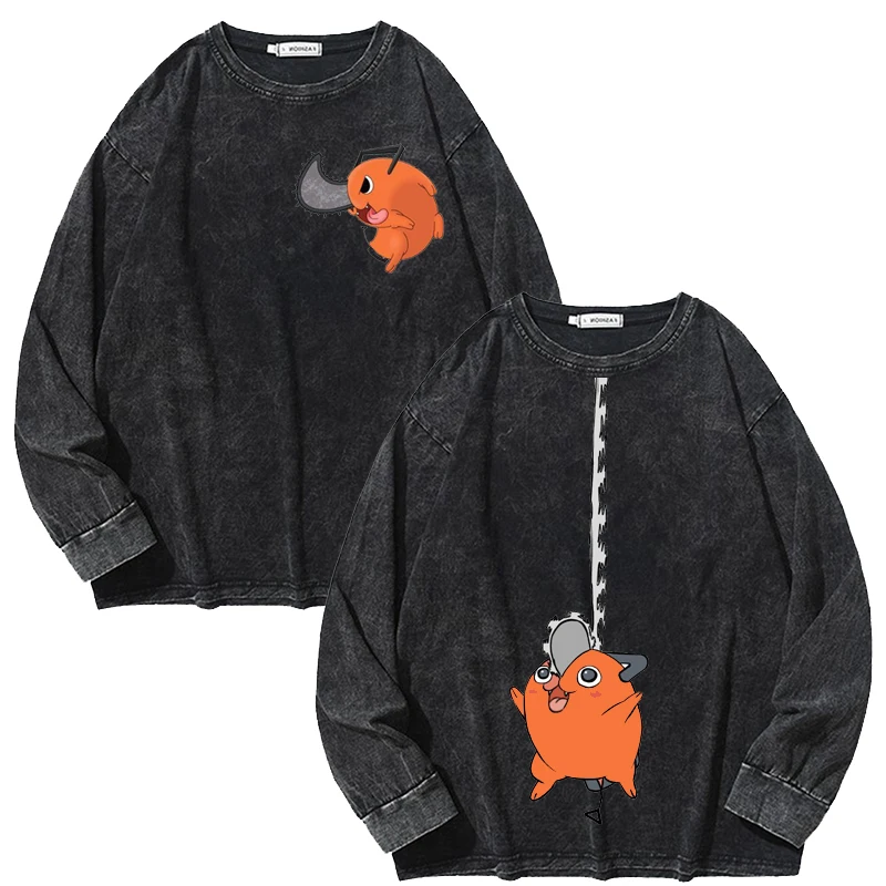 

Japanese Anime Men Hoodie Retro Wash Chainsaw Man Unisex crew neck Sweatshirt Cute Pochita Kawaii American Casual Versatile