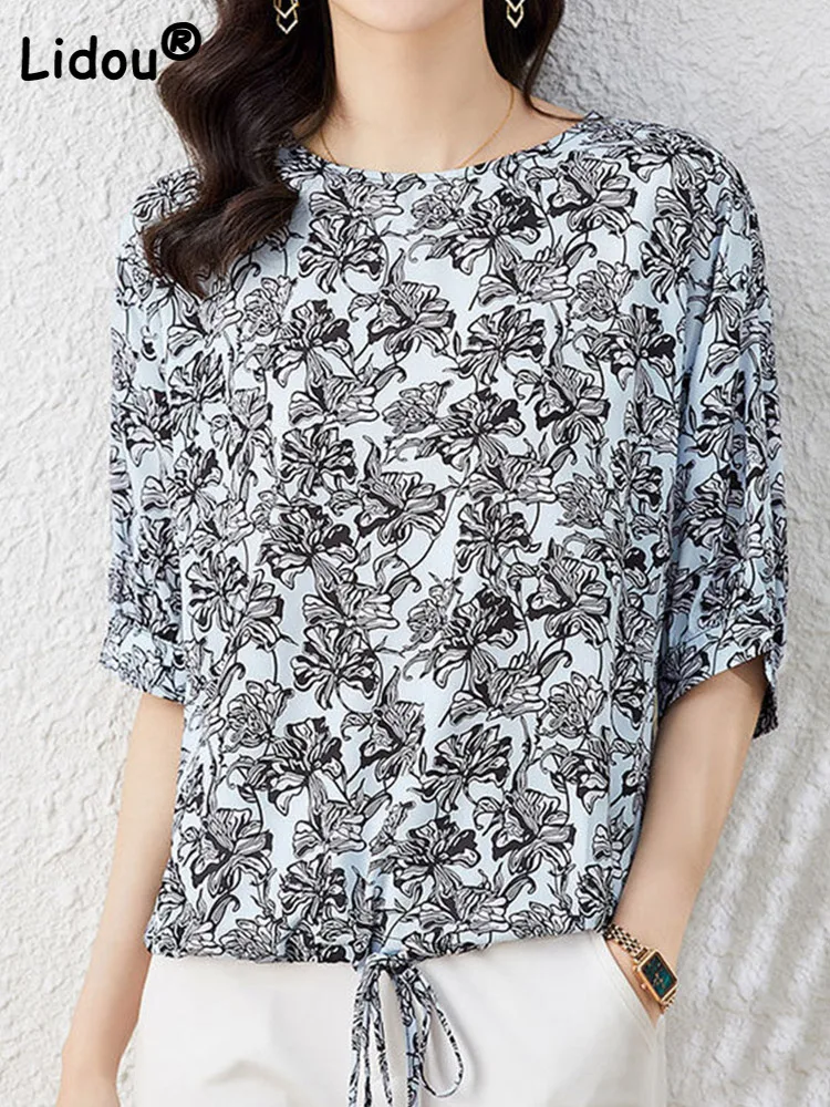 

Summer Drawstring Half Sleeve Chiffon Loose Floral Print Shirt O-Neck All-match Top Commute Oversized Fashion Woman Blouses 2022
