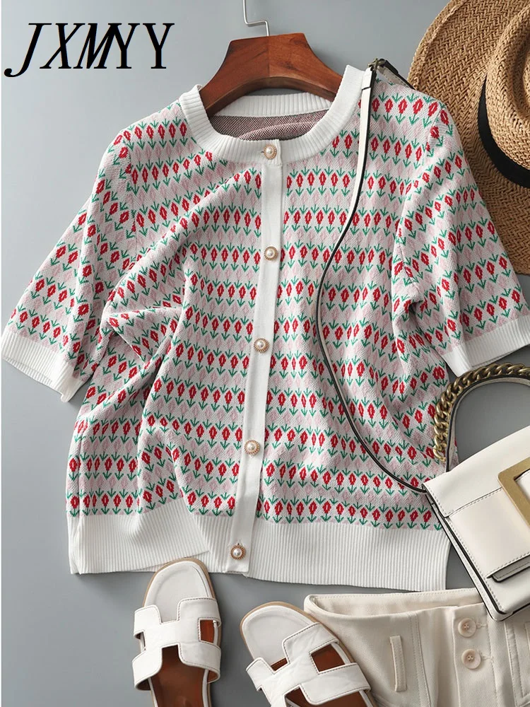 

JXMYY 2022 весна-лето новый модный элегантный темпераментный пасторальный стиль пиксельный маленький тюльпан жаккардовый вязаный кардиган Топ