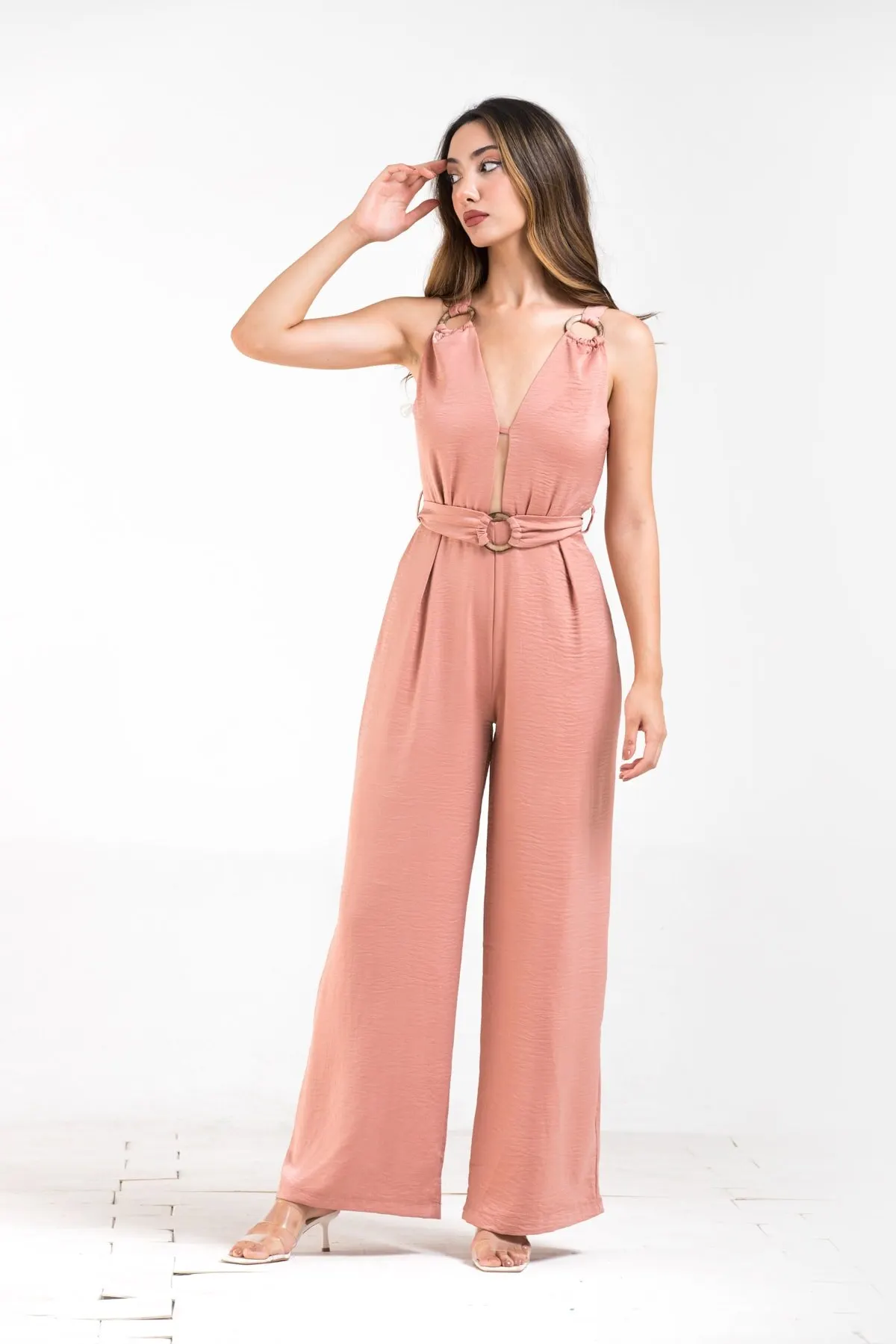 

Women's Overalls Ring Accessory Tie Back Powder Jumpsuit Hot Style Quality Fabric Sleeveless Baggy Trousers Casual Jumpsuit