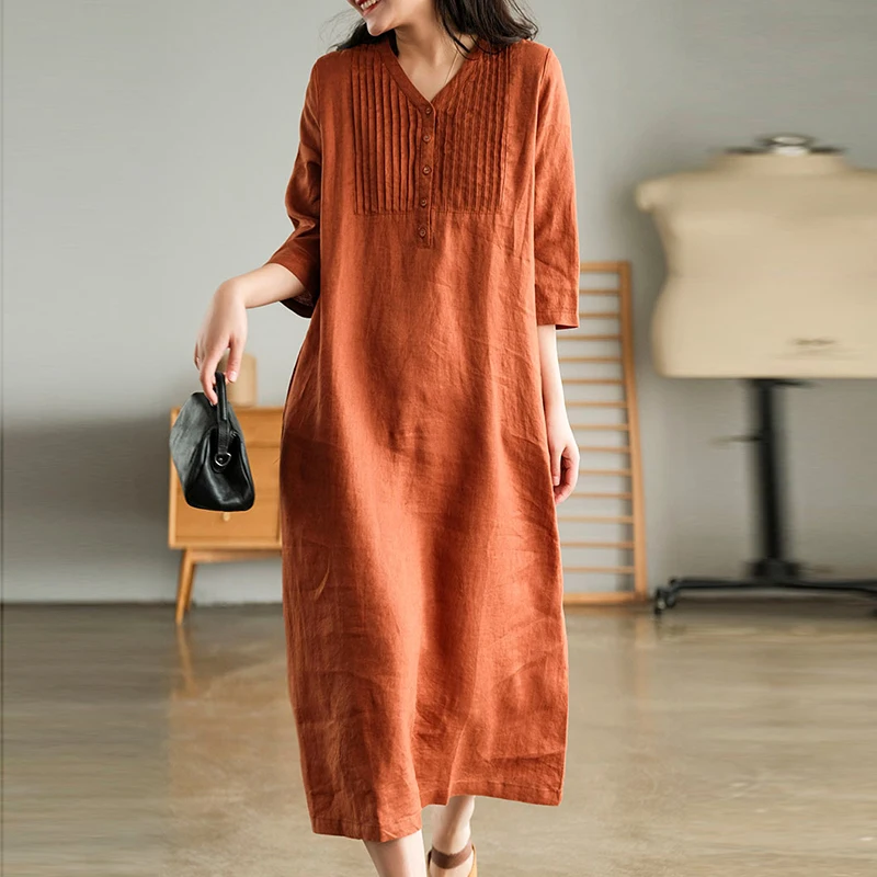 

Elegant V Neck Cotton Linen Long Dress Autumn New Casual Half Sleeve Loose Party Dress Spring Women Fashion Solid Pullover Dress