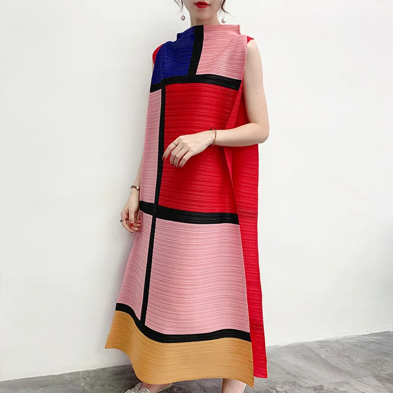 Miyake Pleated Fold Color Block Patchwork Pleated Dresses Famale 2023 Summer Loose Sleeveless Stand Collar Long Dress Women