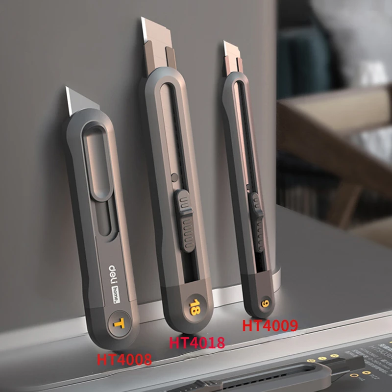 Deli Snap-off maket bıçağı geri çekilebilir kutu kesiciler 9mm 18mm yüksek karbonlu çelik bıçaklar otomatik kilit, mükemmel ofis ve ev kullanımı için