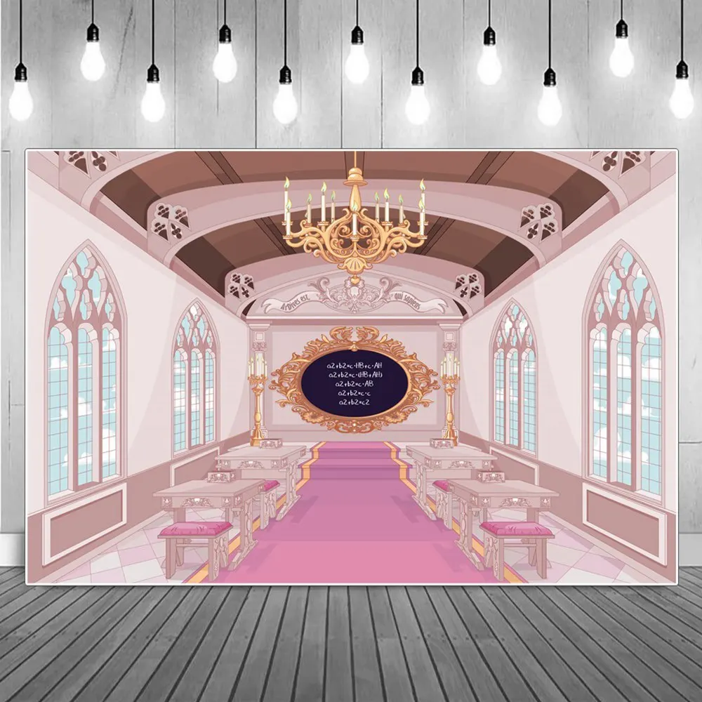 

Cartoon Palace Castle Photography Backgrounds Kid Hall Pink Carpet Arched Window Candle Princess Portrait Photographic Backdrops