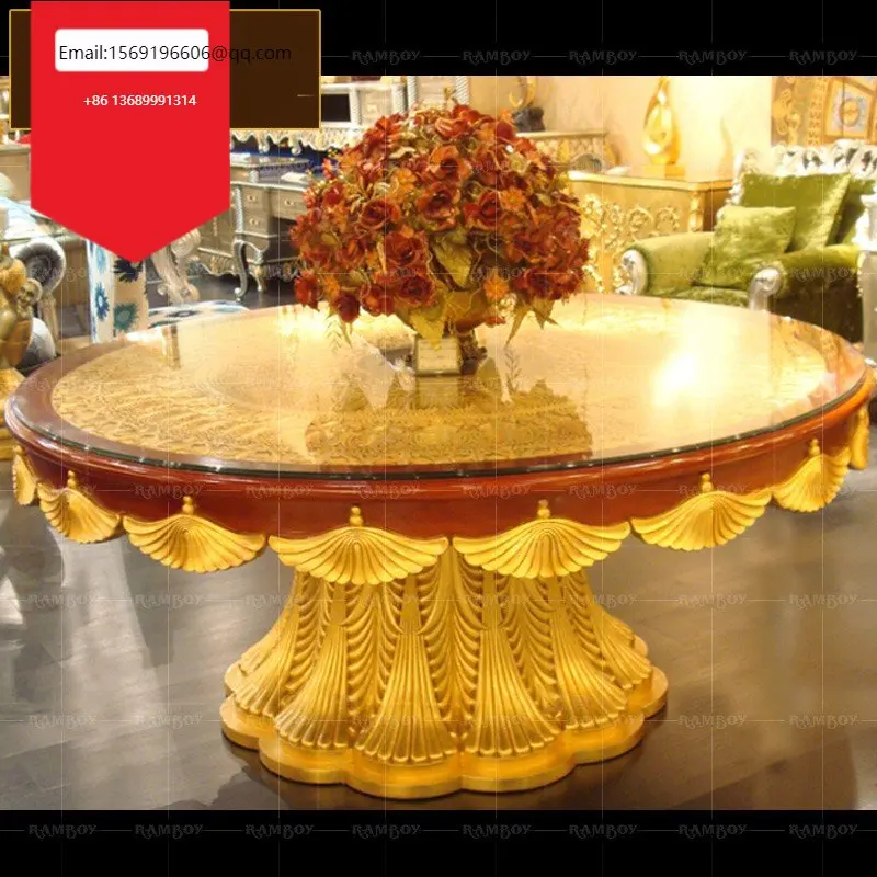 

Gold foil dining table luxury European dining table and chair combination solid wood carved round dining table for 6 people