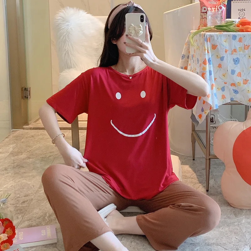 

Pajamas Women's Summer Modal Short Sleeve Long Pants Casual Home Suit Two Piece Set for Outwear