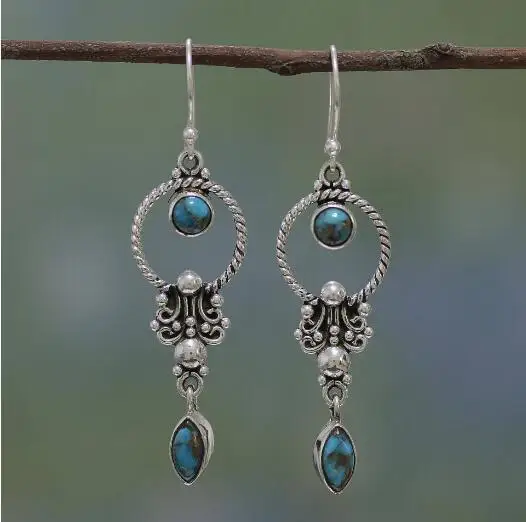 

Vintage Silver Simulation Turquoise Ear Stud Hoop Dangle Earrings Wedding Women Jewelry Gifts Natural Gemstone Engagement
