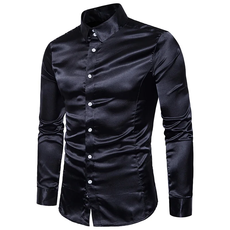 Silk Satin Luxury Dress Shirt Pink Men 2022 Brand New Slim Long Sleeve Tuxedo Shirt Male Wedding Club Party Dance Prom Camisas