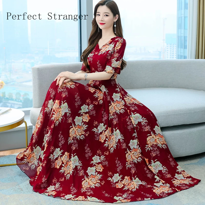 

Women Dress Chiffon Floral Vestido Boho2022 V Collar Short Sleeve Summer Sukienka Ropa Mujer Robe Longue Femme Chic Vestidos